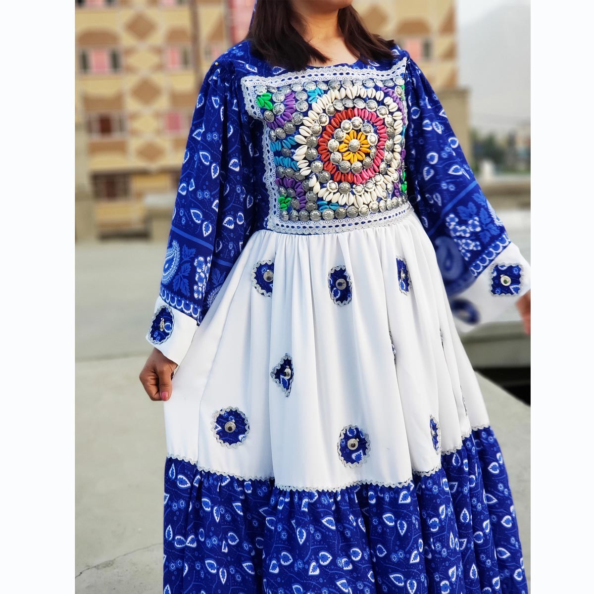 Blue Hazaragi Embroidered Party Wear Long Dress | Gol Negar Pleated Skirt Long Frock 3