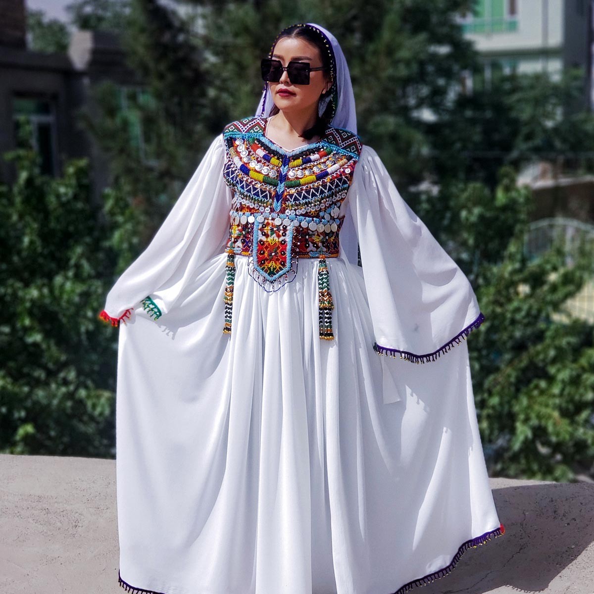 White Sunray Pleated Skirt Party Wear Long Dress | Crepe Trumpet Sleeves Embroidered Frock  1