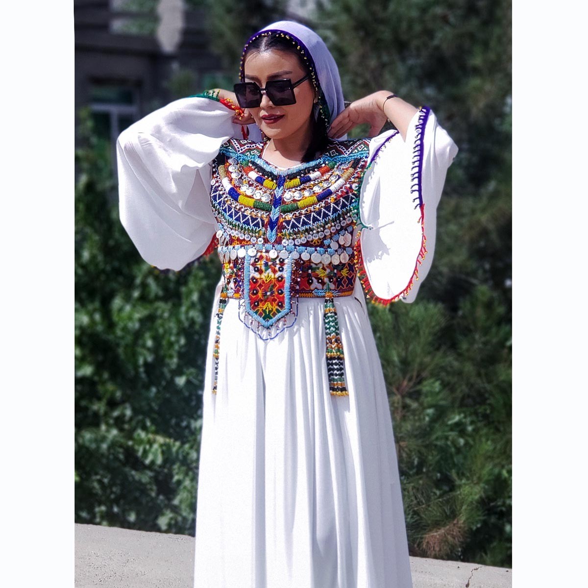 White Sunray Pleated Skirt Party Wear Long Dress | Crepe Trumpet Sleeves Embroidered Frock 3