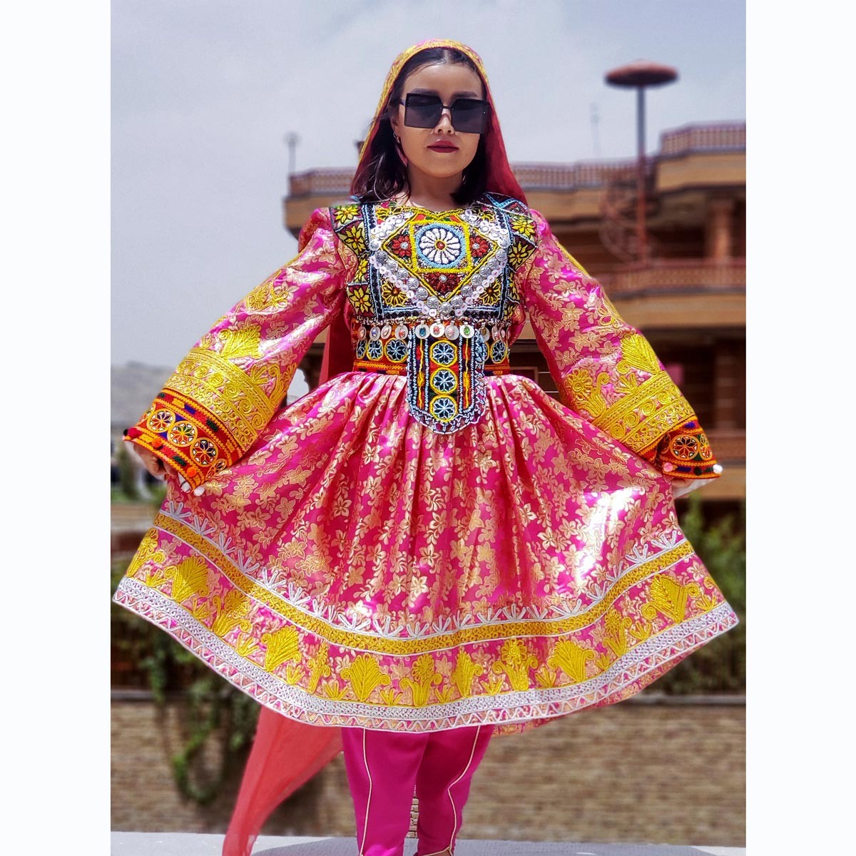 Pink Full Cherma & Bead Embroidered Bridal Wear Gande Afghani | Georgette Floral Print Party Wear Dress 3
