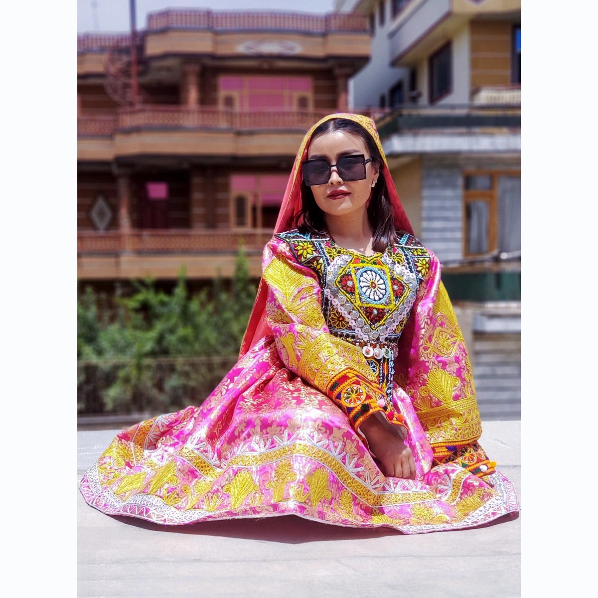 Pink Full Cherma & Bead Embroidered Bridal Wear Gande Afghani | Georgette Floral Print Party Wear Dress 2