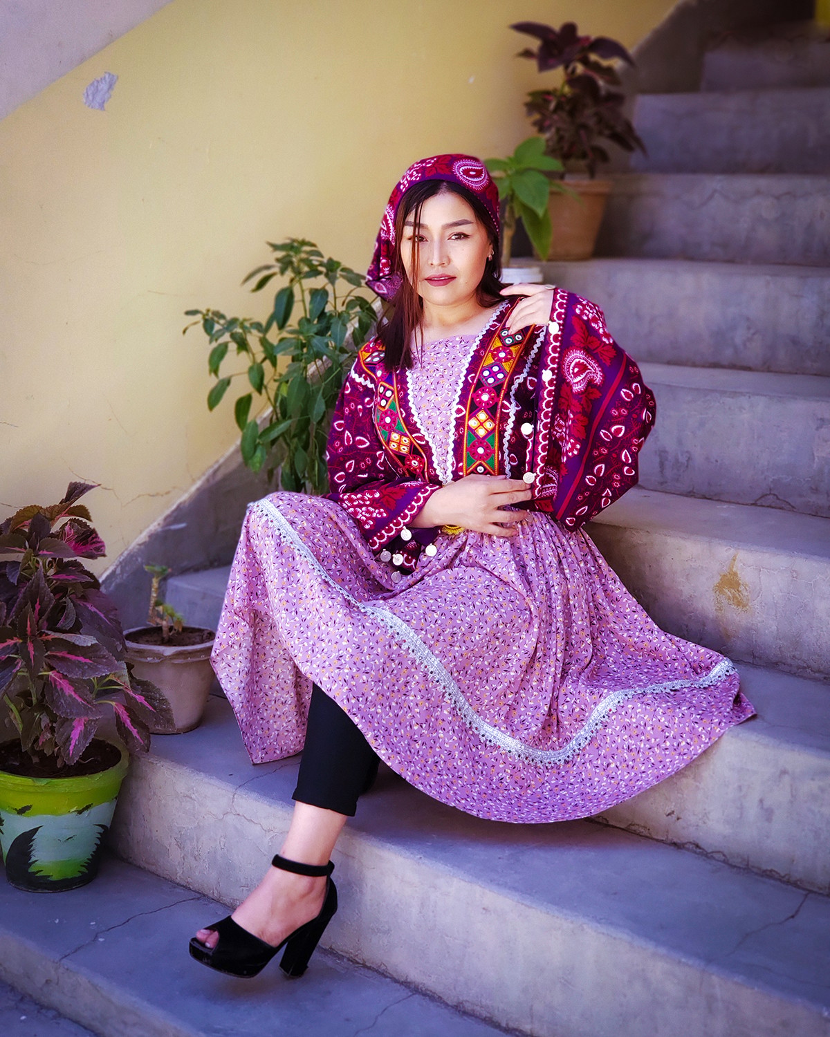 Pinky Violet Golnegar Hazaragi Dress | Cotton Pleated Skirt Frock 3