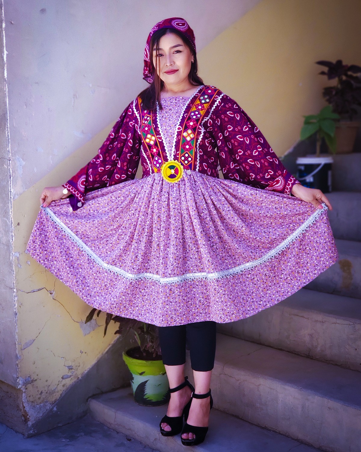 Pinky Violet Golnegar Hazaragi Dress | Cotton Pleated Skirt Frock  1