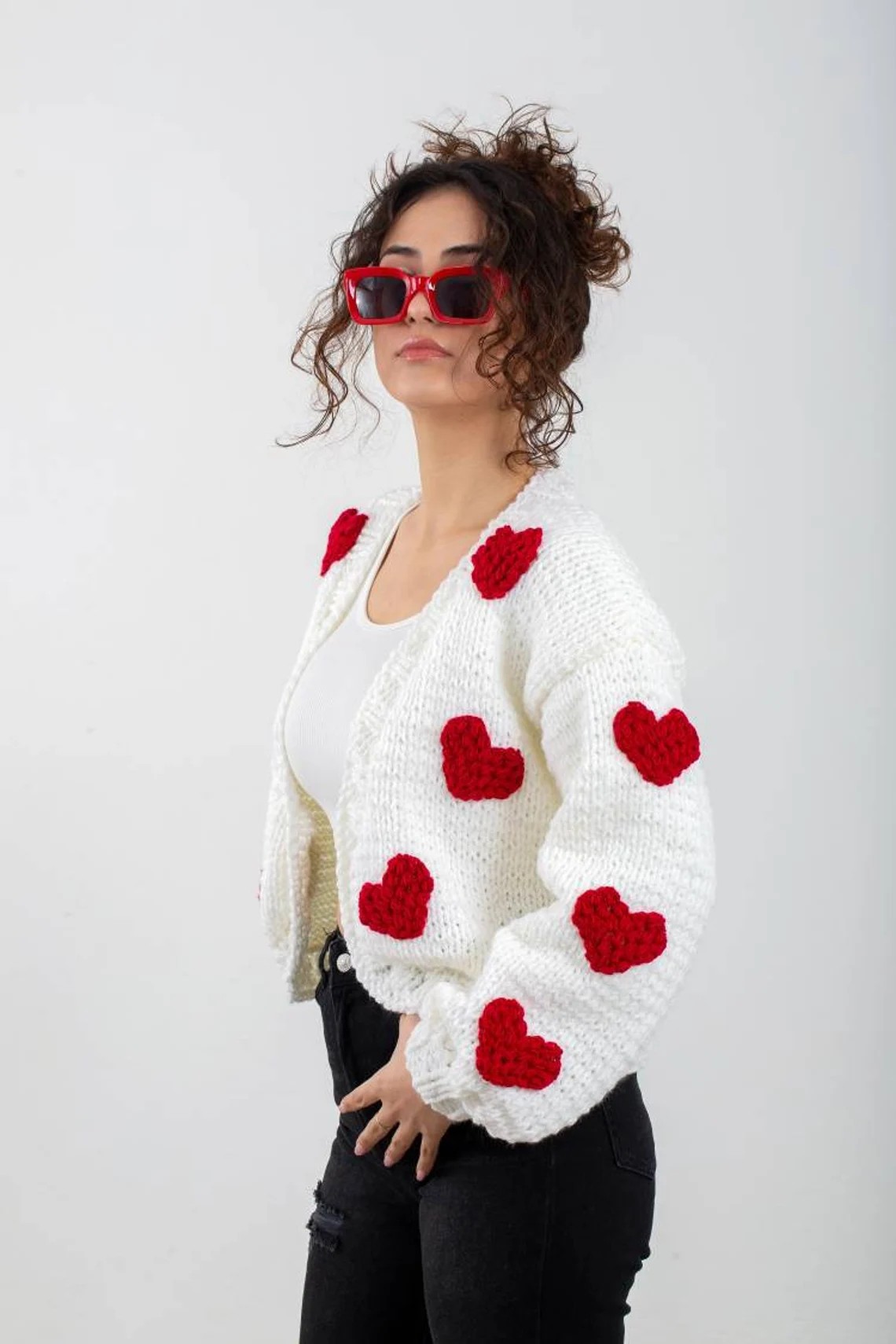 White heart cardigan, embroidery love sweater 6