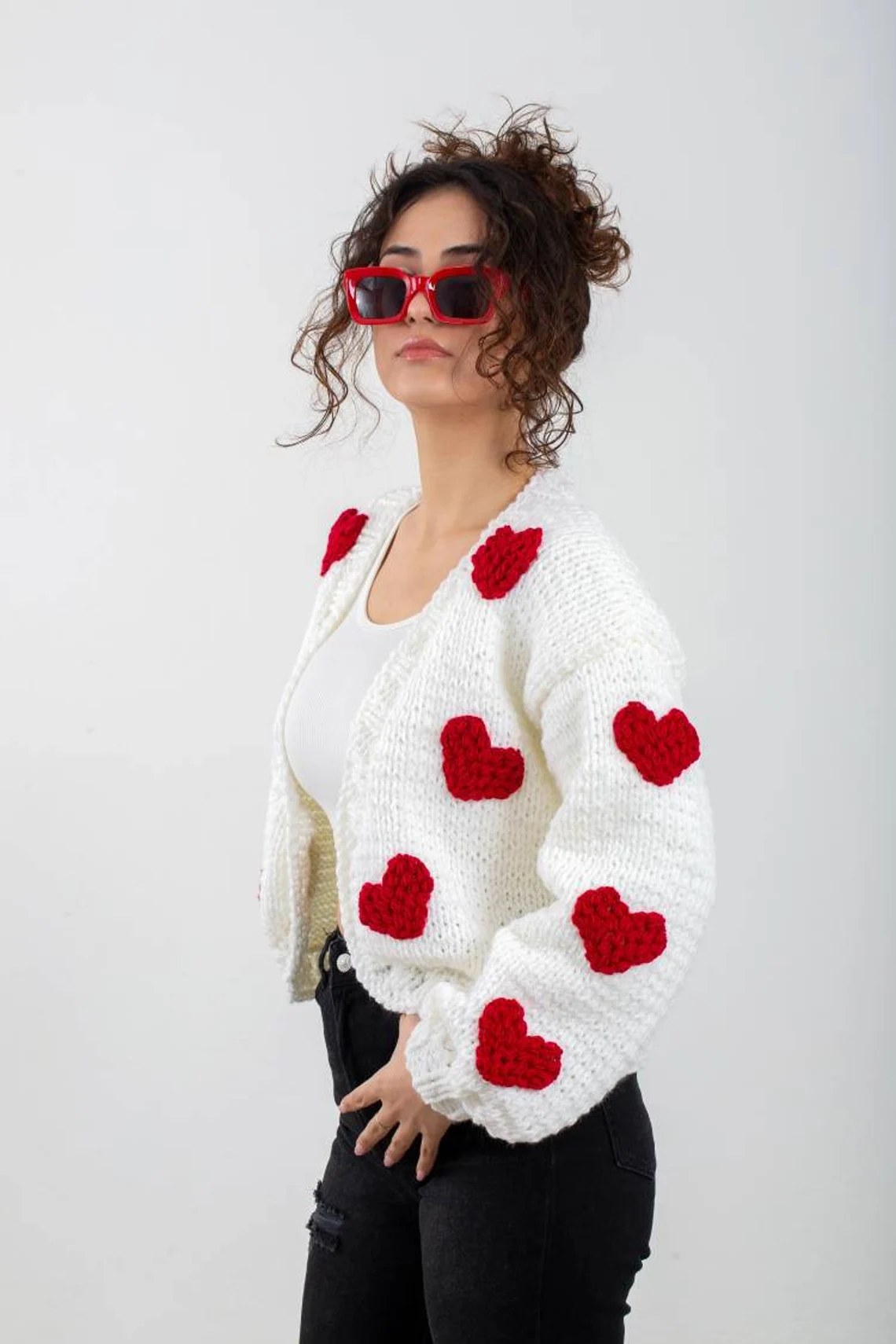 White heart cardigan, embroidery love sweater 4