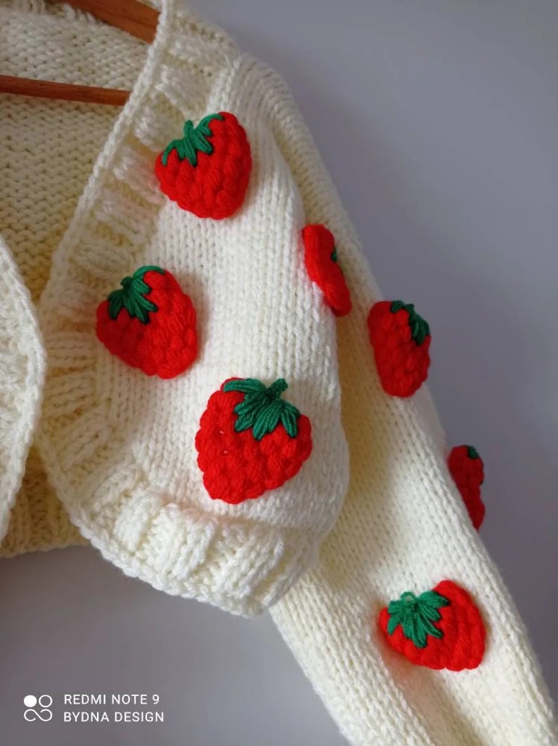 Strawberry chunky crop cardigan for woman with 14 handmade strawberries 7