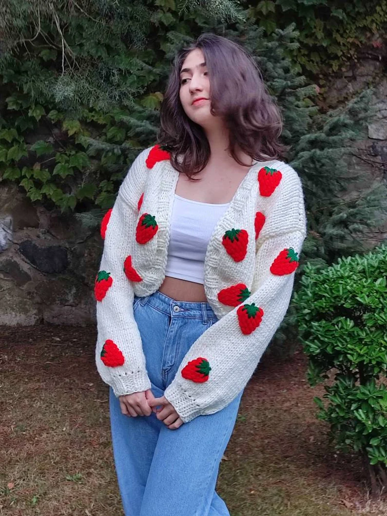 Strawberry chunky crop cardigan for woman with 14 handmade strawberries 5