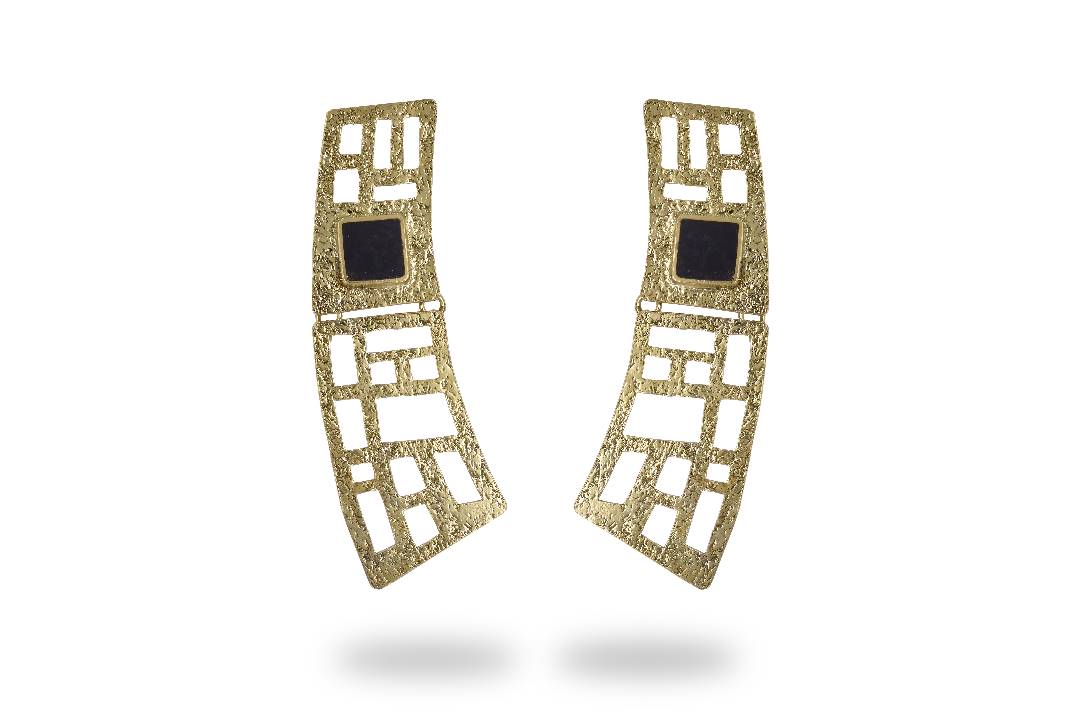 Black Agate Stone Brass Studs | Gold Plated Rectangle Studs 1