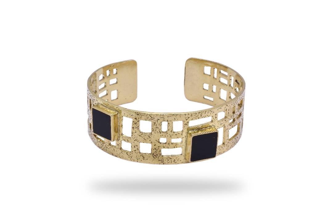 Black Agate Stone Gold Plated Cuff Bracelet | Brass Bangle Style Bracelet 1