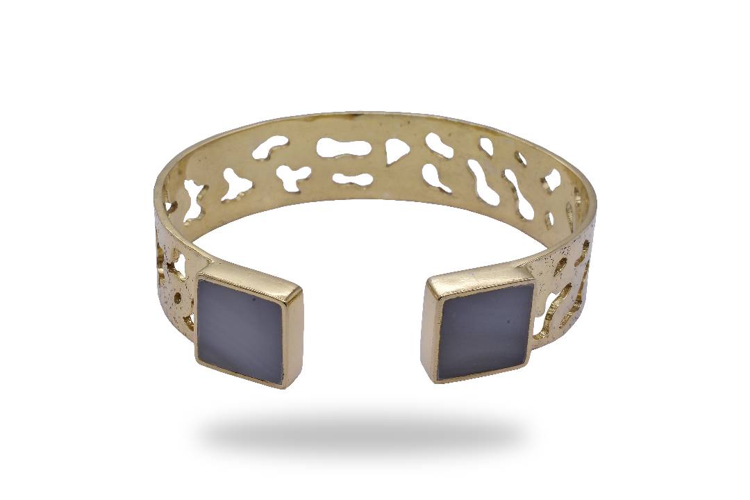 Blue Marble Stone Brass Cuff Bracelet | Gold Plated Open-Bangle Bracelet 1