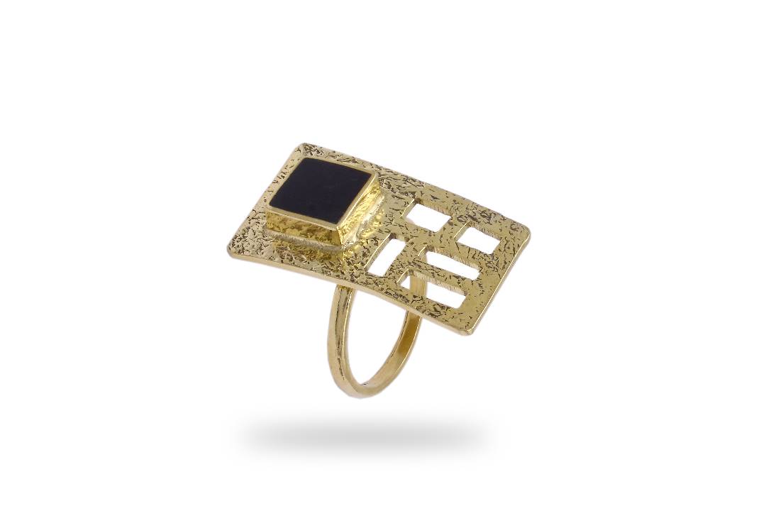 Black Agate Stone Gold Plated Ring | Brass Rectangle Cut Ring 1