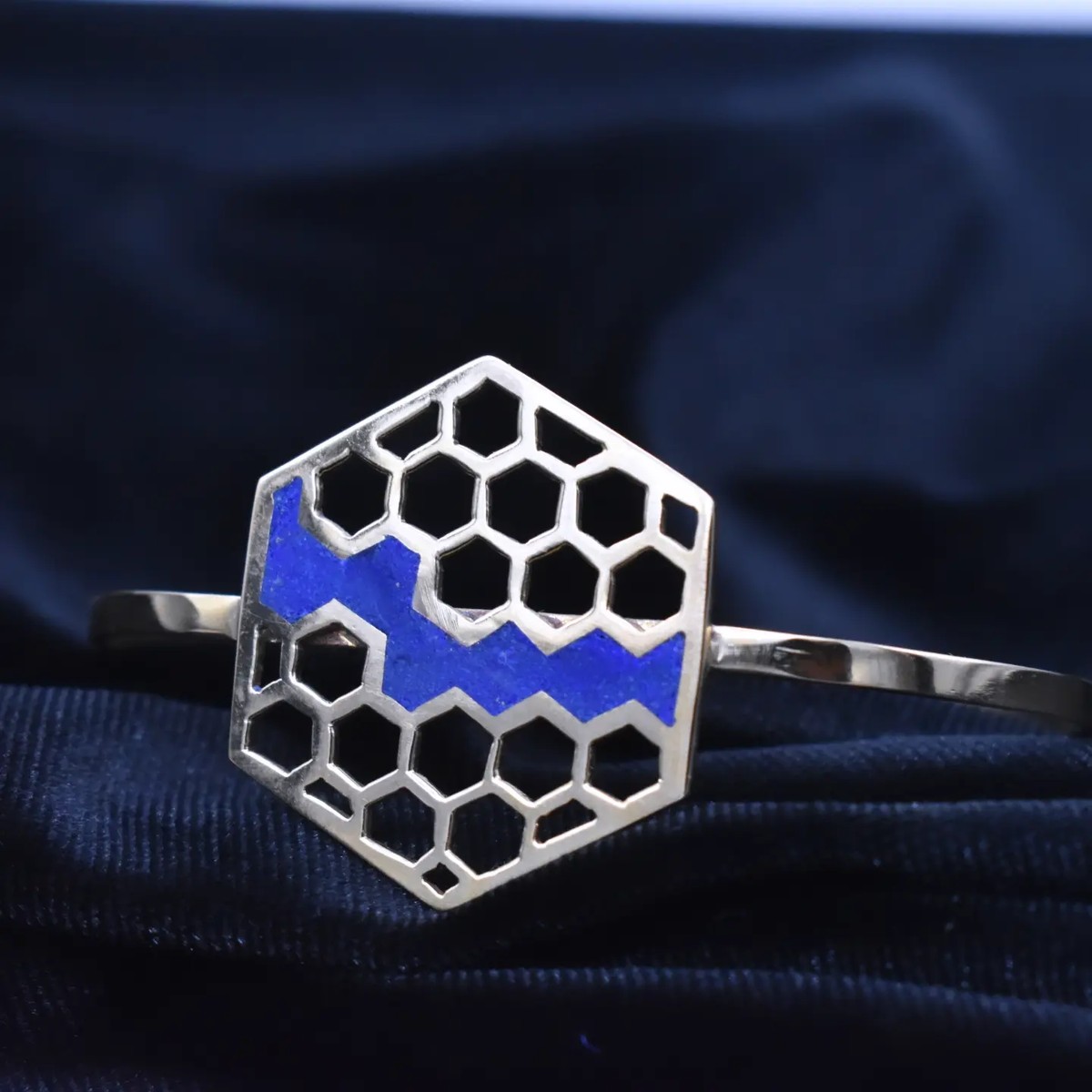 Lapis Lazuli Hexagonal Cuff Bracelet | Silver Open Bangle Bracelet 2