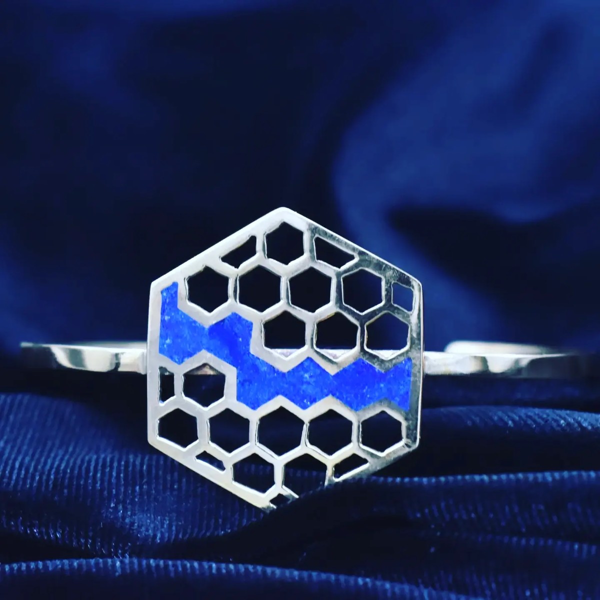 Lapis Lazuli Hexagonal Cuff Bracelet | Silver Open Bangle Bracelet 1