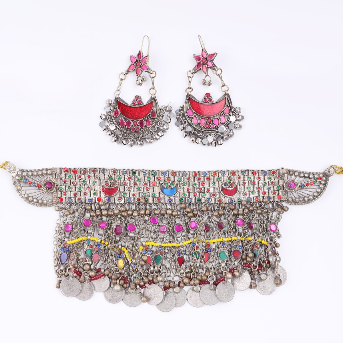 Antique Choker Necklace & Round Earrings | Afghan Traditional Handcrafted Jewelry Set 1