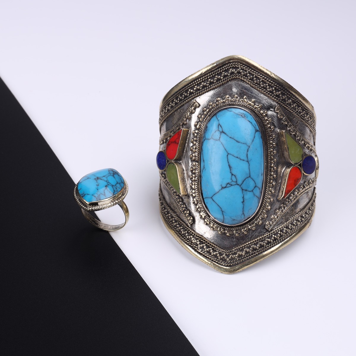 Blue Turquoise Bangle Bracelet & Ring | Silver Cuff Bracelet & Marquise Ring Set 1