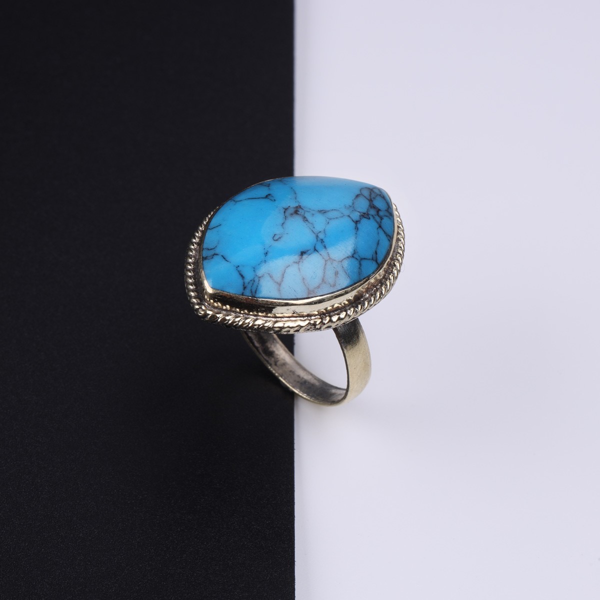 Blue Turquoise Bangle Bracelet & Ring | Silver Cuff Bracelet & Marquise Ring Set 2