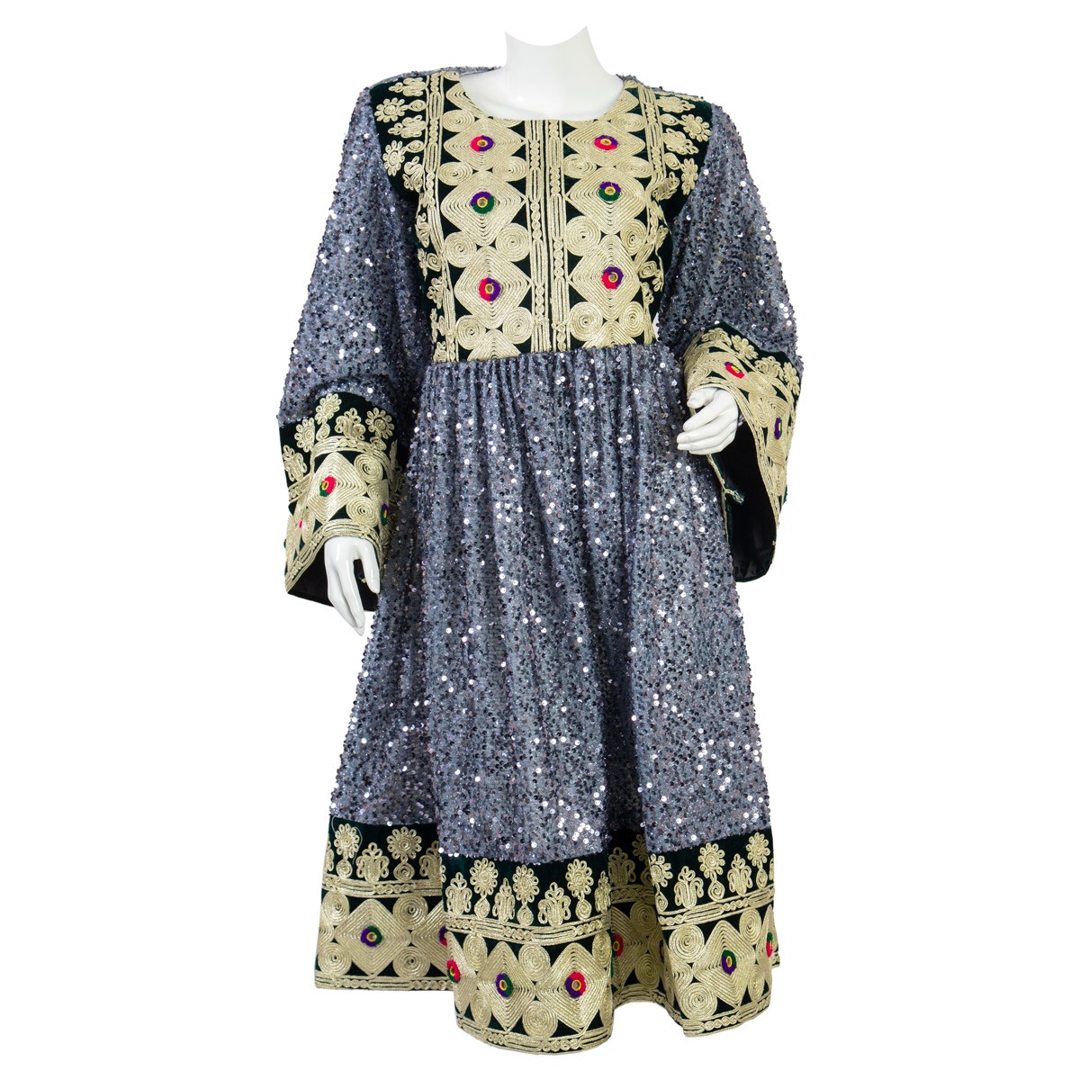 Grey Gande Afghani Dress with White Chermaduzi on Sleeves 1