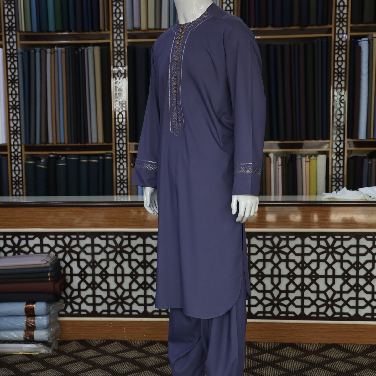 Pehran o Tunban, Mens Abaya Thobe Shirts Kaftan Longline Navy color 4