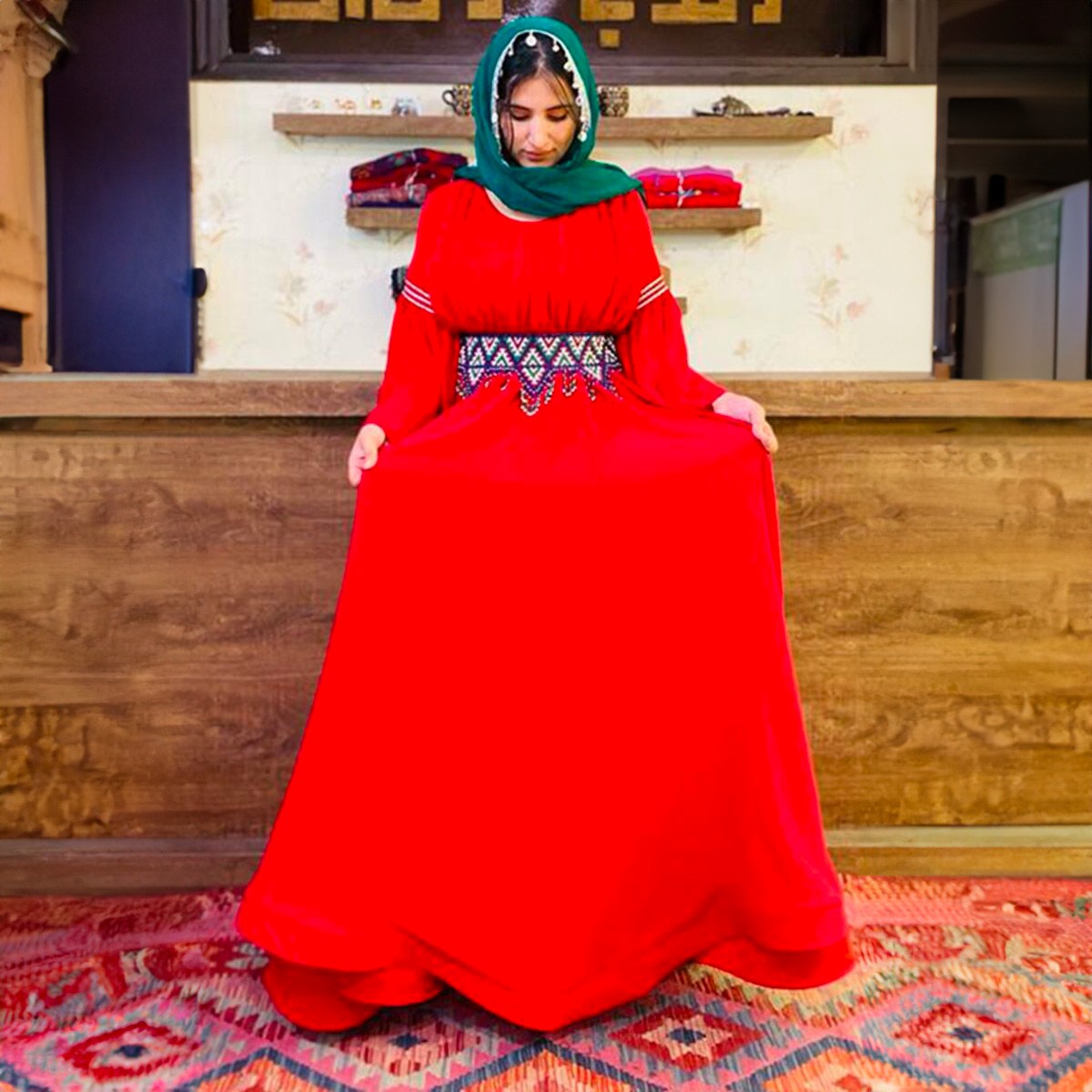 Cotton Belted Pleated Fancy Maxi | Red Flare Sleeves Maxi 3