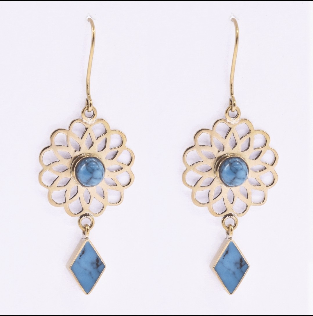 Turquoise Gold Plated Floral Earrings | Brass Munar Jam Dangle Earrings 1