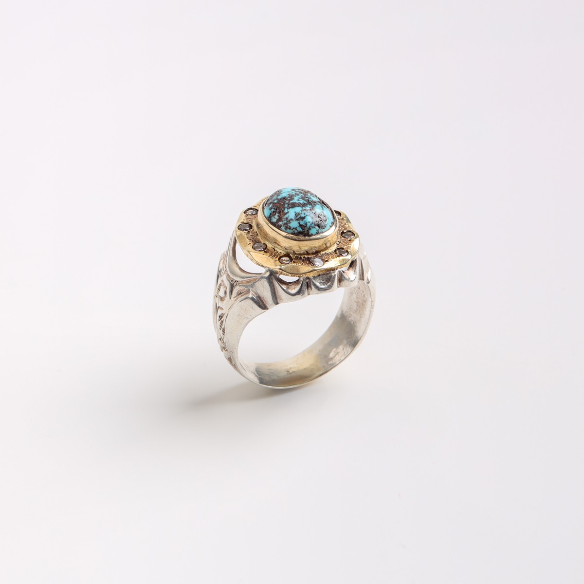 Men’s Turquoise Statement Ring in Sterling Silver & Brass 1