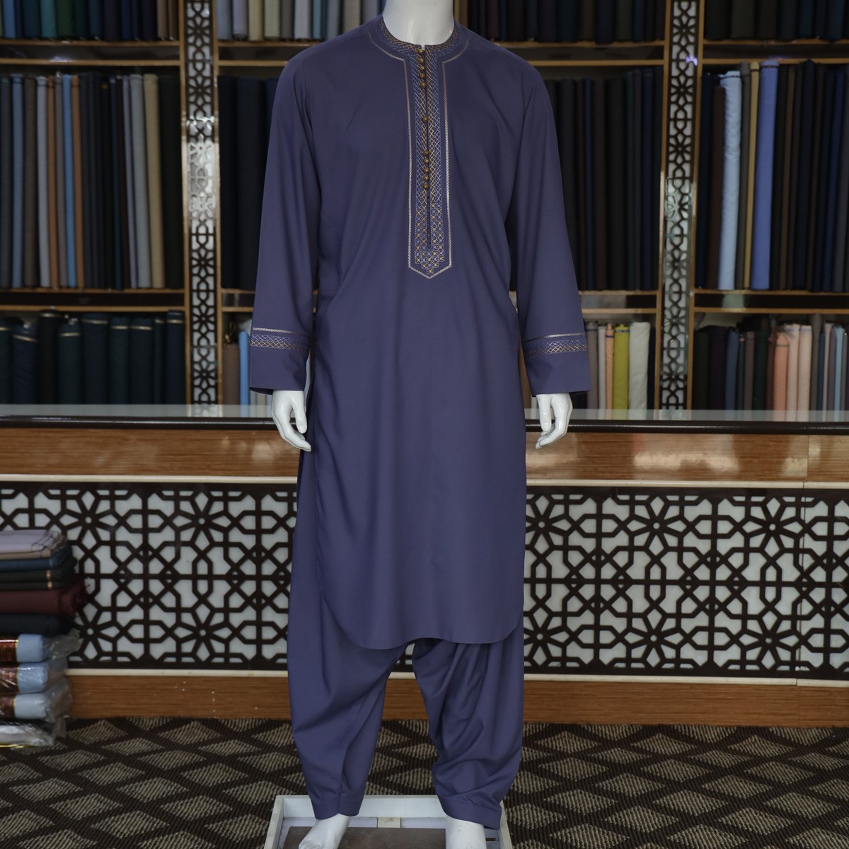 Pehran o Tunban, Mens Abaya Thobe Shirts Kaftan Longline Navy color 3