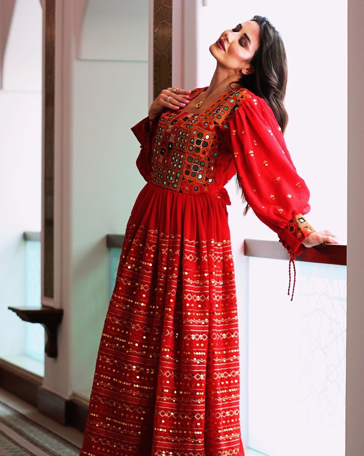 Red Vintage Mirror Embroidery Sequence Dress 3