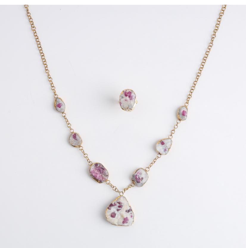 Gold-Plated Ruby in Matrix Gemstone Necklace & Ring Set 1
