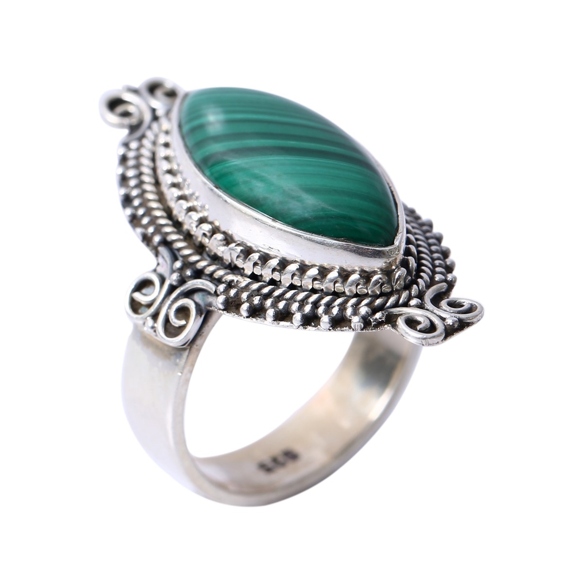 Green Malachite Eye Style Ring | Marquise Silver Ring 1