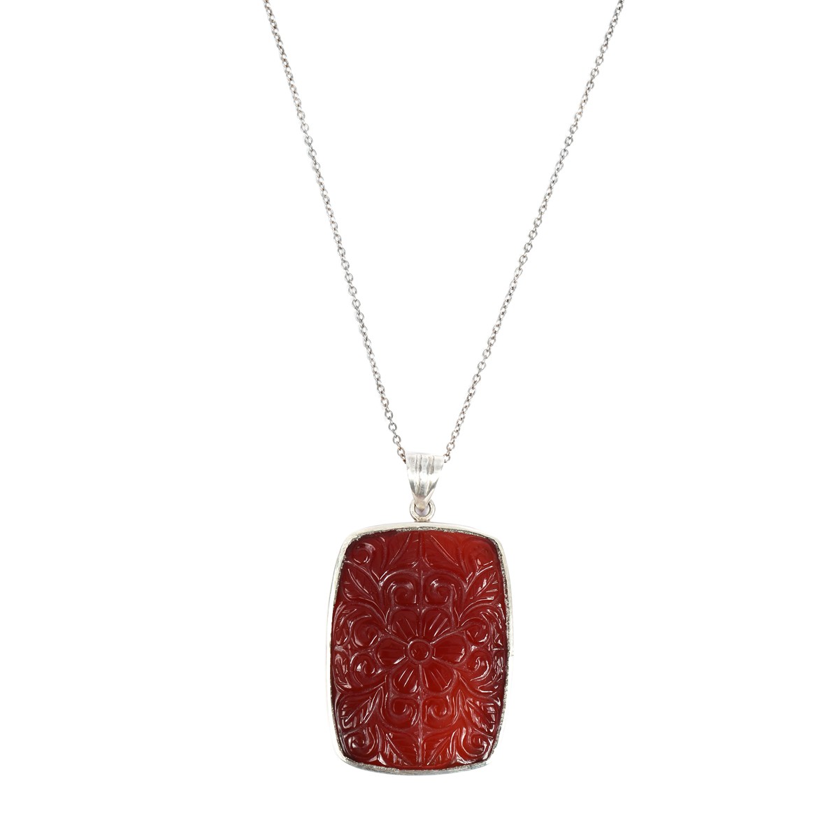 Red Carved Agate Pendant | Silver Rectangle Chain Locket 1