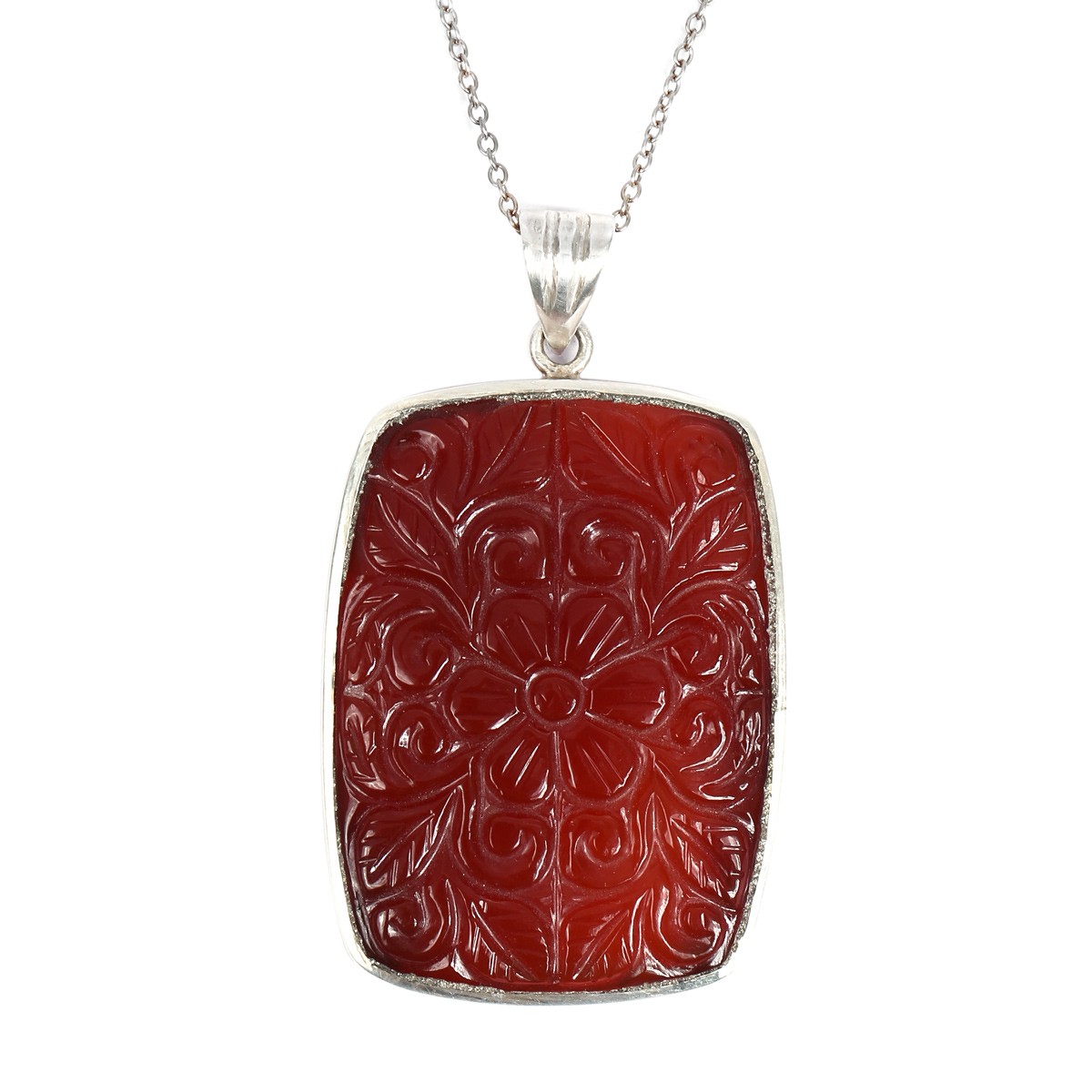 Red Carved Agate Pendant | Silver Rectangle Chain Locket 2