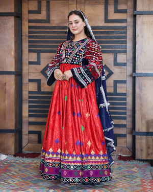 Green and Navy Blue Gand Afghani Dress with Geometric Silver Embroidery and  Coin Accents | Aseel