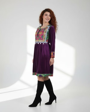 Purple Velvet Traditional Dress with Multicolor Embroidery & Coin Work |  Aseel