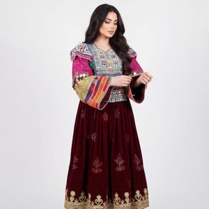 Red Velvet Dress with Handcrafted Embroidery | Aseel