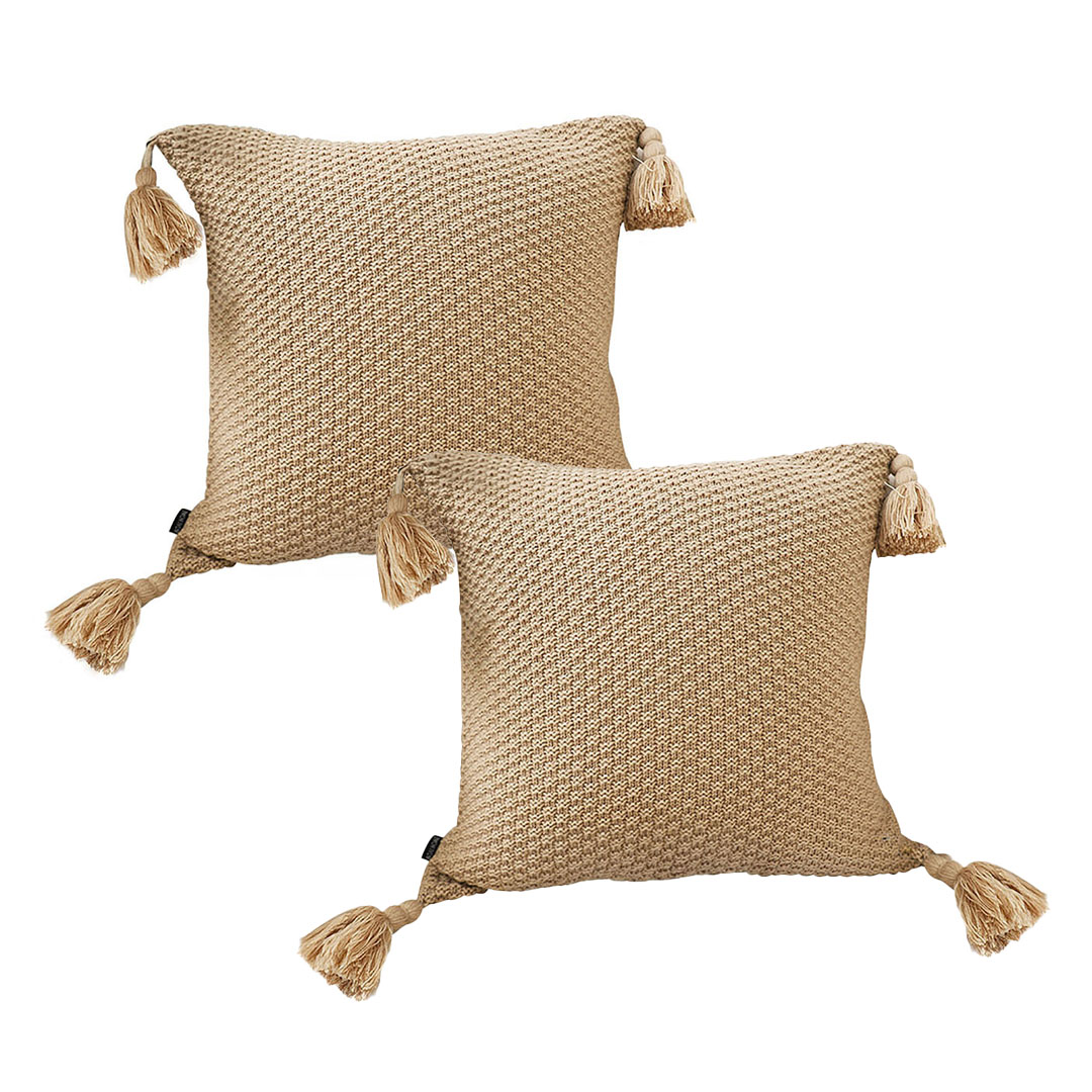 SOGA 2X 50CM Light Brown Pillow with Tassel Accents Throw Pillow