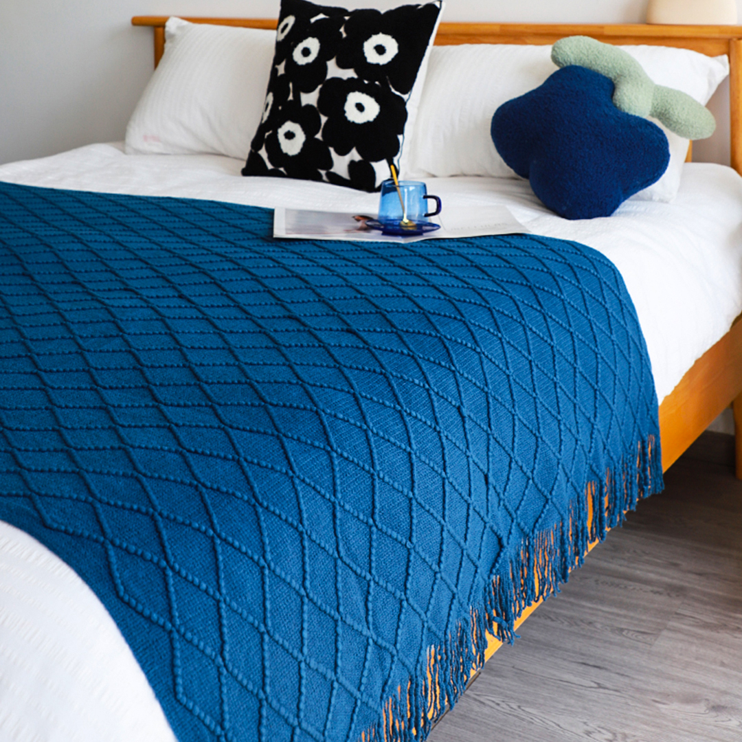 SOGA Royal Blue Diamond Pattern Blanket