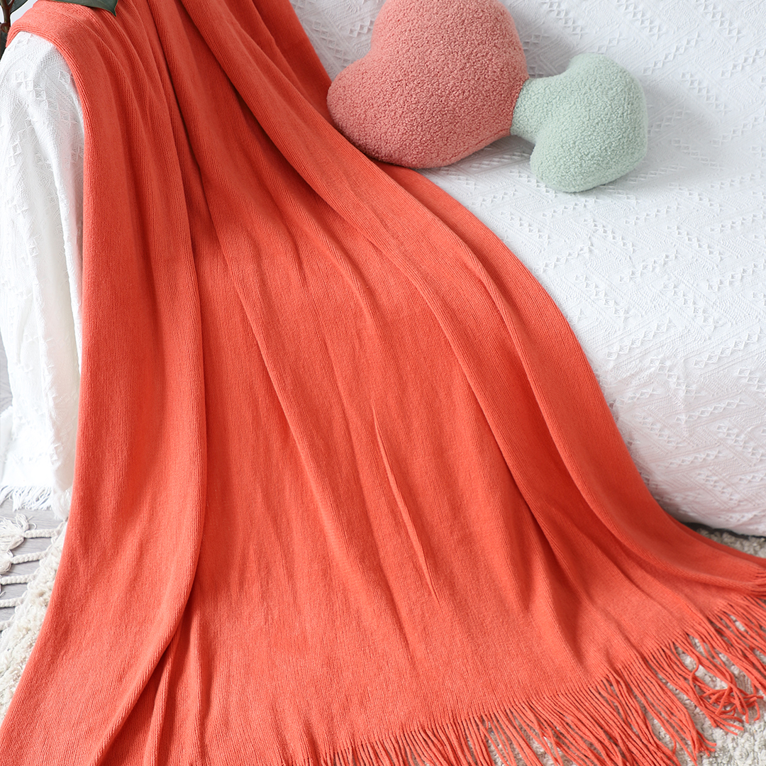 SOGA Orange Acrylic Knit Throw Blanket