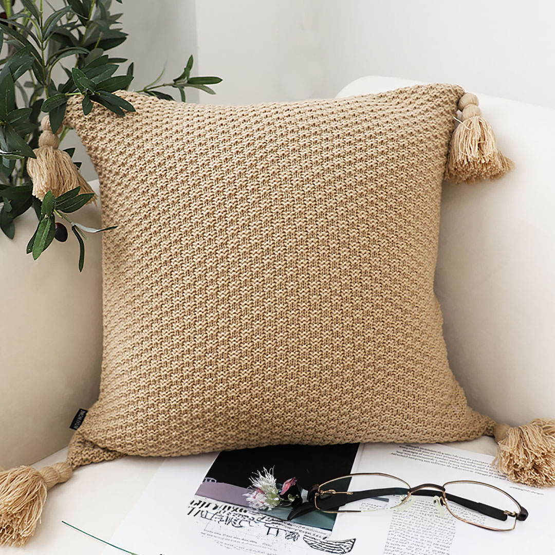 SOGA 2X 50CM Light Brown Pillow with Tassel Accents Throw Pillow