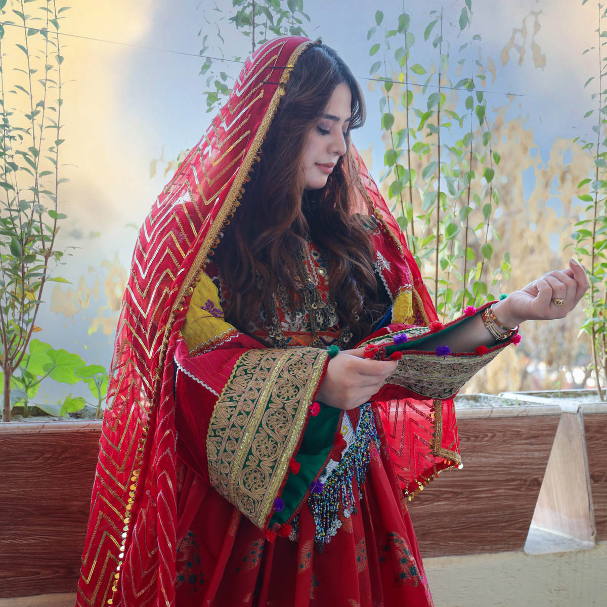 Afghan Embroidered Dress, red color