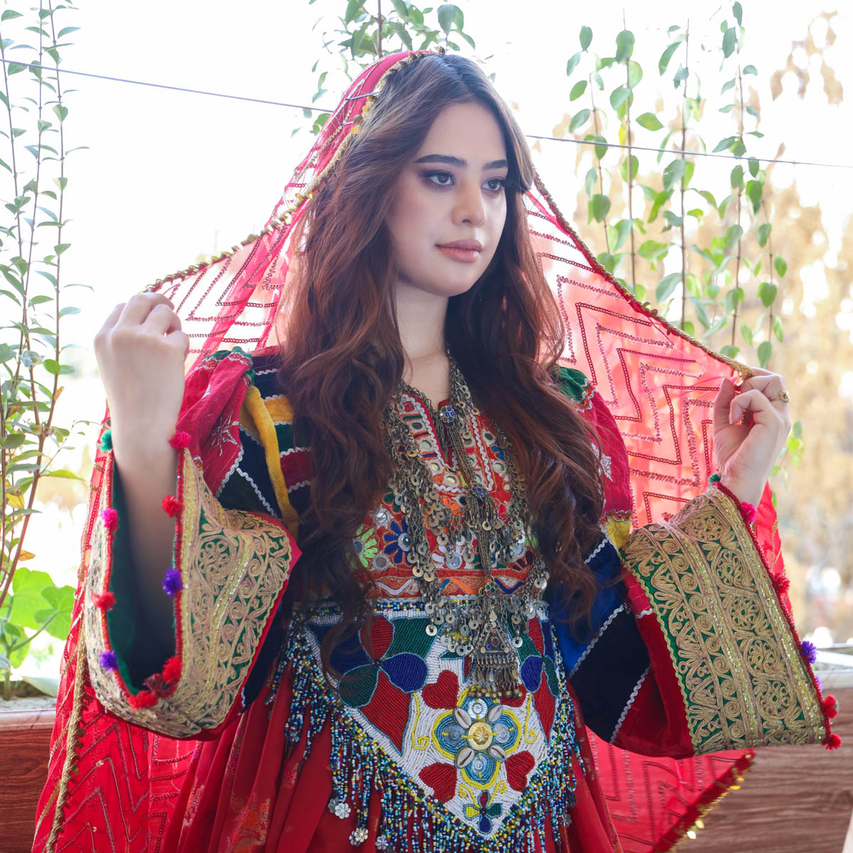 Afghan Embroidered Dress, red color