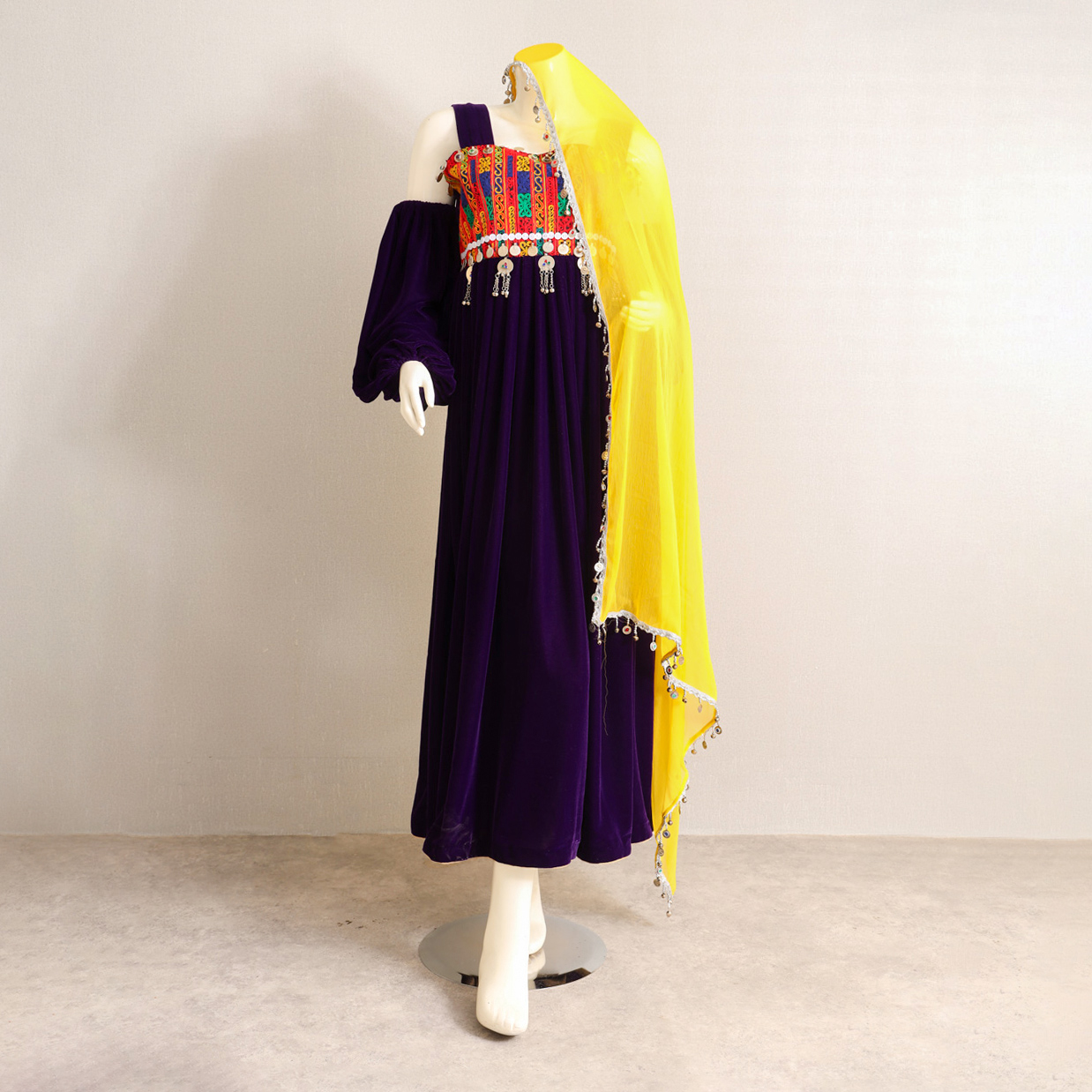 Purple Silk Velvet Dress with Yellow Scarf, Afghan Shop