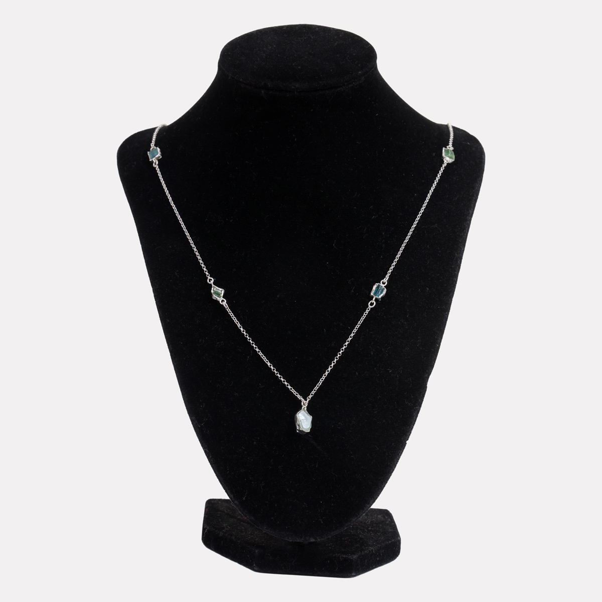 Kunzite & Tourmaline Stones Necklace | Silver Station Chain Necklace
