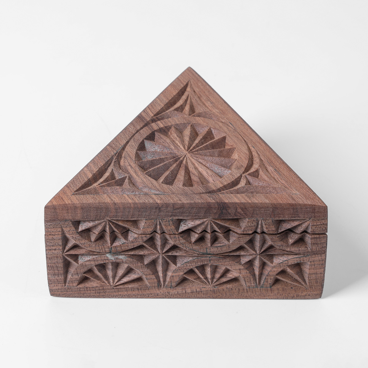Three cornered jewelry boz With Fine Carvings | walnut Wood Jewelry Box