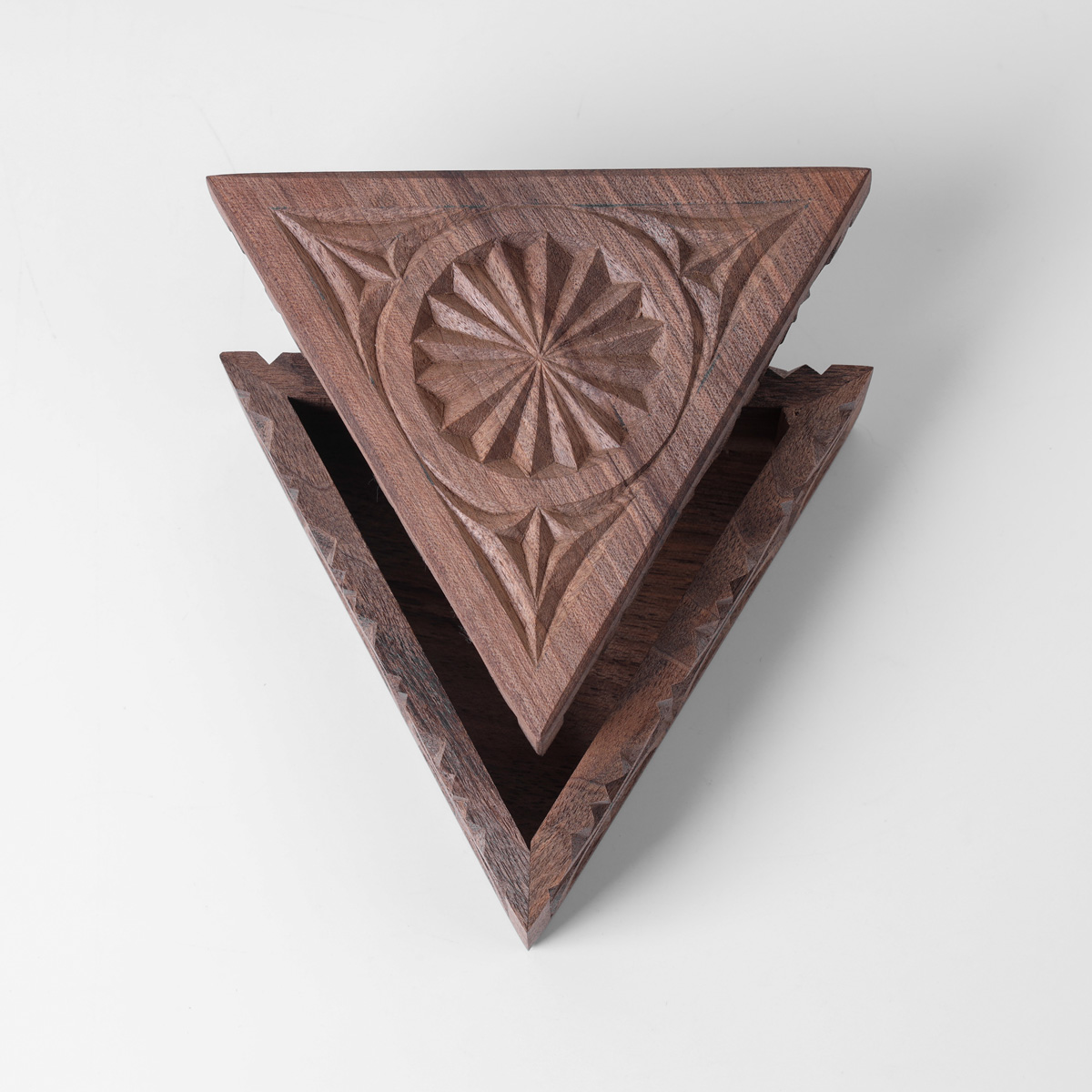 Three cornered jewelry boz With Fine Carvings | walnut Wood Jewelry Box