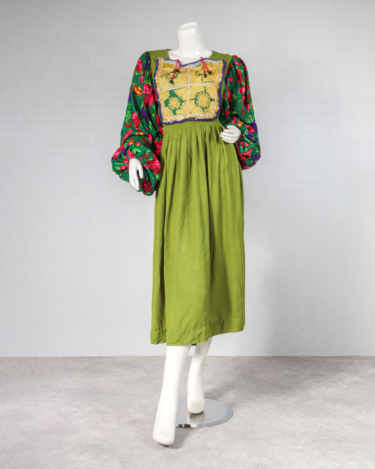 Long dress, trending hand embriodery, green color floral dress for her