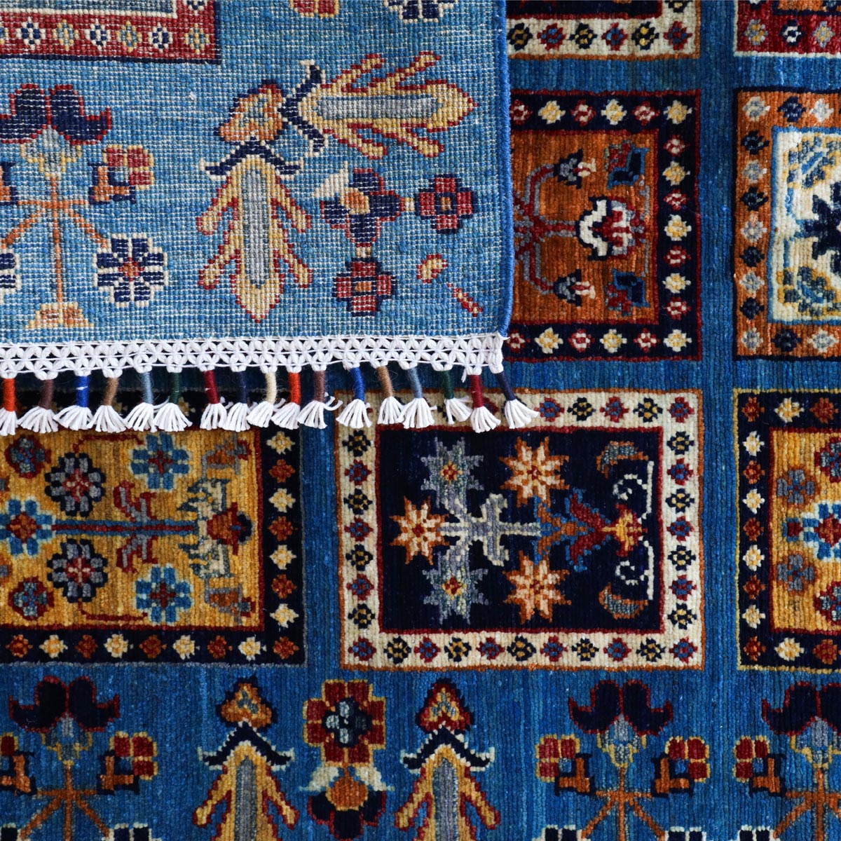Afghan Handmade Blue Wool Carpet with Mirror Pattern – Authentic 40x40 Knot Quality