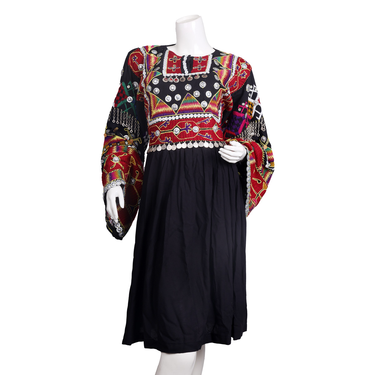 Black Coin & Beads Embroidered Nuristani Dress | Balloon Sleeves Belted Pleated Frock