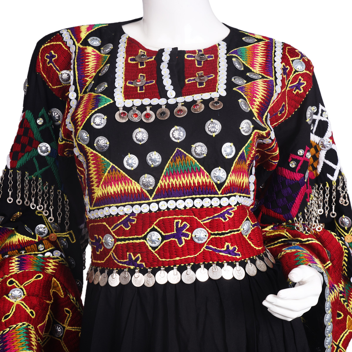 Black Coin & Beads Embroidered Nuristani Dress | Balloon Sleeves Belted Pleated Frock