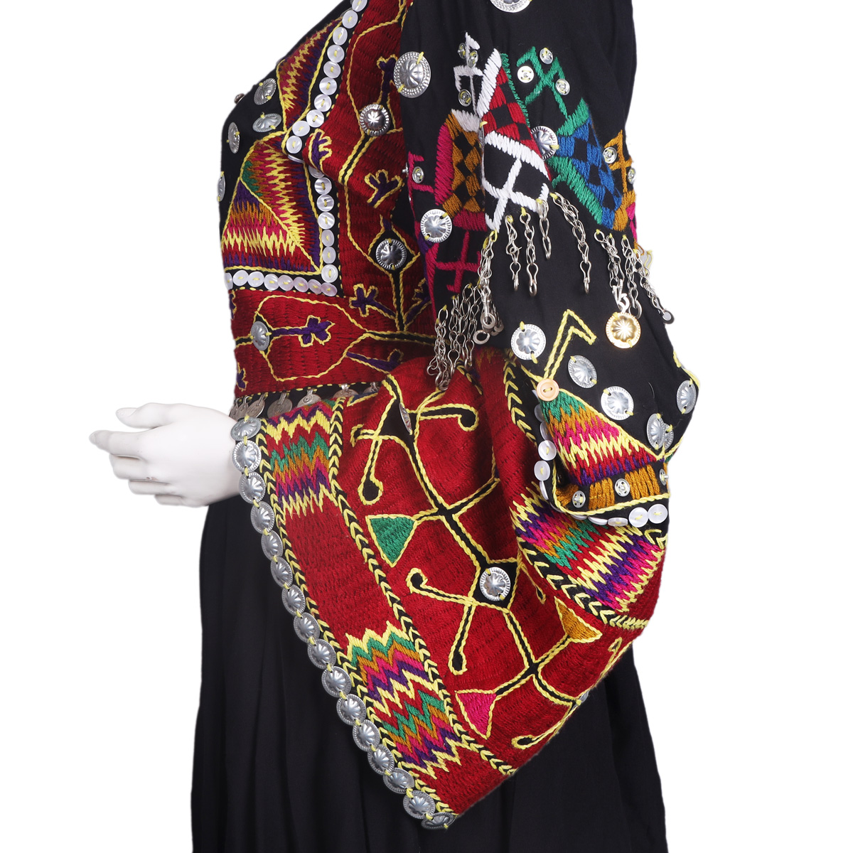 Black Coin & Beads Embroidered Nuristani Dress | Balloon Sleeves Belted Pleated Frock