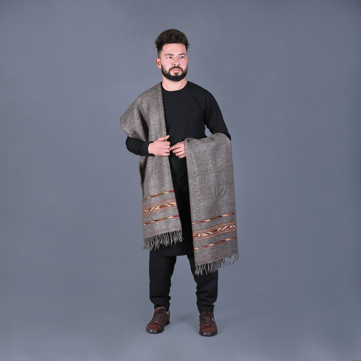 Dark Gray Nuristani Wool Patu | Casual Wear Shawl with Striped Borders